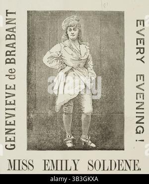 Genevieve de Brabant - Every Evening! - Miss Emily Soldene, late 19th century. Illustrated advertisement for a performance at the Royalty Theatre. Emily Soldene (1838-1912) was a British singer, actress, director, theatre manager, novelist and journalist of the late Victorian era and the Edwardian period. She was one of the most famous singers of comic opera, as well as an important director of theatre companies and later a celebrated gossip columnist. Stock Photo