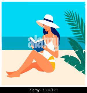Vector illustration of a young woman reading a book while relaxing on the beach. The scene depicts a summery atmosphere with vibrant colors, palm tree Stock Vector