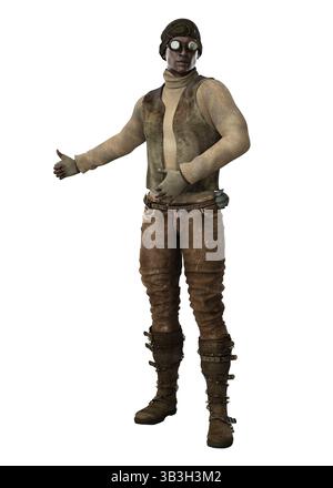 3D illustration of a post apocalyptic survivor in dirty outfit. Ideal for dystopian and sci-fi designs, capturing the essence of survival and enduranc Stock Photo
