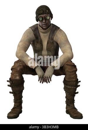 3D illustration of a post apocalyptic survivor in dirty outfit. Ideal for dystopian and sci-fi designs, capturing the essence of survival and enduranc Stock Photo