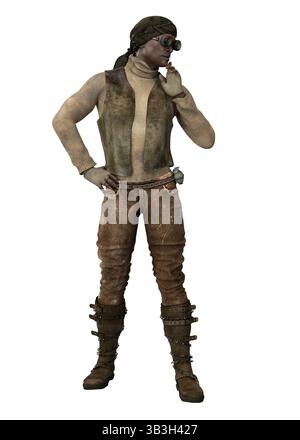 3D illustration of a post apocalyptic survivor in dirty outfit. Ideal for dystopian and sci-fi designs, capturing the essence of survival and enduranc Stock Photo