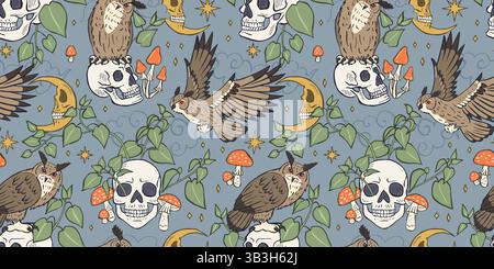 Seamless pattern with hand drawn inky eagle owls sitting on human skulls Stock Vector