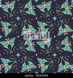 Seamless pattern with teal luna moth and moons on dark blue background. Stars and crescents boho wallpaper. Nocturnal butterfly background. Stock Vector