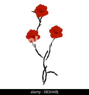 Red roses on black branches isolated on white background. Stock Vector