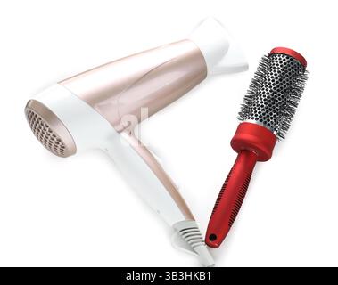 Hair dryer and brush isolated on white. Hairdresser's tools Stock Photo