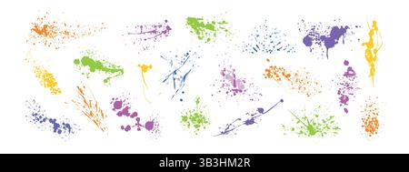 Colored spray paint drips, splatters or inky blots vector set. Dirty splashes, graffiti speckles and inkblot spots. Paintbrush splotches, ink drops or liquid blobs. Abstract grunge splash stains Stock Vector
