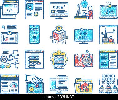 Coding and programming doodle icons set. Computer with code on screen ...