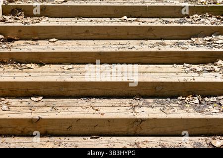 Wooden staircase covered with dust, small stones and dry leaves Stock Photo