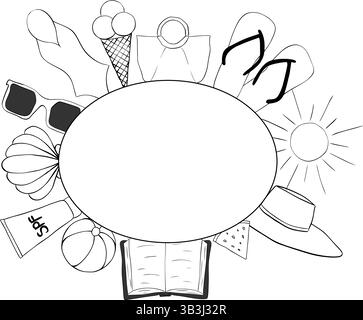 Beach essentials Oval frame template for text. Vector graphic line ink illustration For vacation poster, beach party invitation, backdrop, ad, sale pr Stock Vector