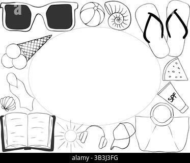 Beach essentials Oval rectangle frame template for text. Vector graphic line ink illustration. template for card, cover, poster, social media post, ba Stock Vector