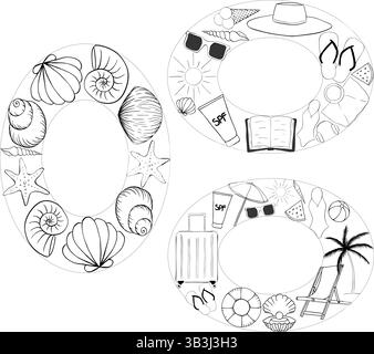 Beach vacation, essentials, seashells Oval set frame template for text. Vector graphic line ink illustration. A place for text in the center. Banner t Stock Vector
