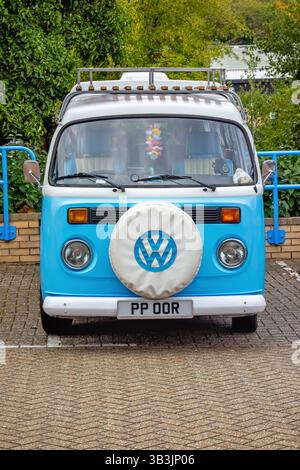 Classic iconic blue and white VW Volkswagen Camper van with lowered ...