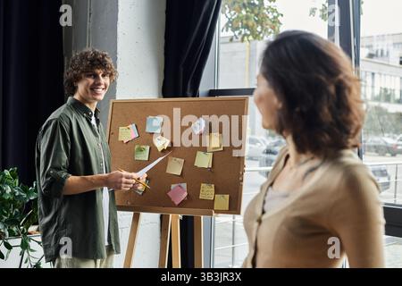Two professionals engage in a creative discussion, surrounded by colorful notes and ideas. Stock Photo