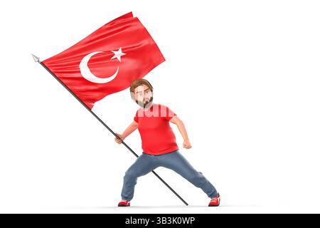 Cartoon character proudly standing, waving oversized Turkish flag with national enthusiasm and cultural spirit. 3D Rendering Stock Photo