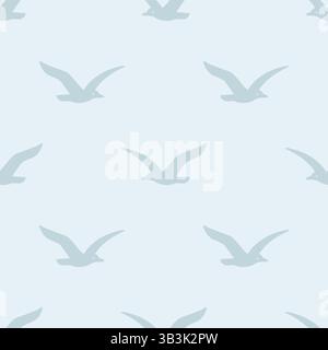 Seamless vector pattern simple seagulls flying in a blue sky, soft neutral blue gray repeat. Vector illustration Stock Vector