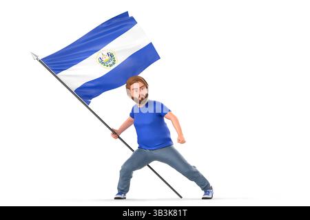 Cartoon man firmly holding and waving El Salvador flag, showing patriotism and national identity. 3D Rendering. Stock Photo