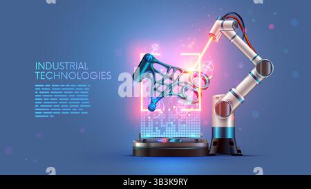 Robot welding at factory processes metal part. Designing, prototyping metal parts using laser welder robot. Laser beam with sparks comes from robotic Stock Vector