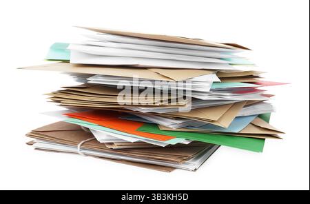 Stack of different paper envelopes on white background. Post office Stock Photo