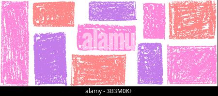 Kid doodle of rough rectangular shapes with red pink and lilac pastel wax texture, resembling chalkboard or charcoal squiggle art. Grunge school style Stock Vector