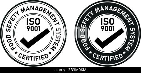 black and white badge icons with text stating food safety management system certified iso 9001, showing checkmark symbol for verified certification Stock Vector