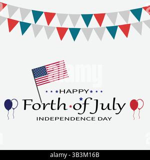 4th of July lettering vector illustration with flag, balloons isolated on white background, perfect for banners, posters, and greeting cards. Stock Vector