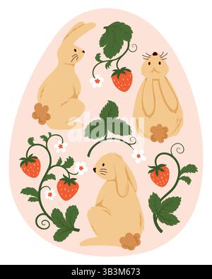 Composition of Easter Bunnies and Strawberry Branches with Berries and Blossoms on Egg Shape. Cute Spring Holiday Illustration for Greeting Cards Stock Vector