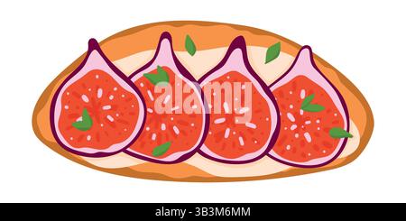Bruschetta Italian Cuisine Appetizer. Open Sandwich with Grilled Bread Topped with Fig, Cream Cheese and Herbs. Isolated Vector Illustration on White Stock Vector