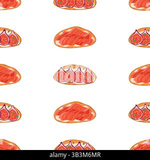 Italian Bruschetta Seamless Pattern. Open Sandwiches with Prosciutto Crudo and Cream Cheese; and Fig, Cream Cheese, and Herbs Stock Vector
