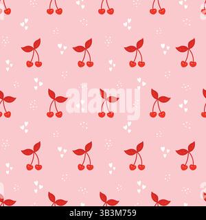 Cute Cherry Bow Seamless Pattern on Pink Background. Playful Hand Drawn Cherries with Hearts in Feminine Style. Perfect for Fabric, Gift Wrap Stock Vector