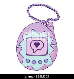 Cute Retro Virtual Pet Toy Hand Drawn Illustration Isolated on White Background. Nostalgic Artificial Pet Device with Screen Display, Pixel Print Stock Vector