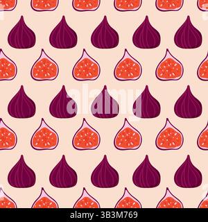Ripe Fig Simple Seamless Pattern. Whole and Halved Figs in a Minimalist Hand Drawn Style on a Light Background. Perfect for Textile, Wrapping Paper Stock Vector