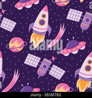 Vector colorful space seamless pattern with spaceship, flying saucer, space station, planet, comet and stars on dark background. Childish cosmic backd Stock Vector
