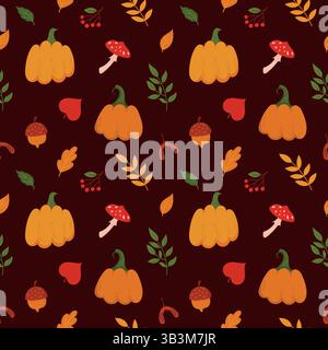 Autumn Nature Elements Seamless Pattern on Dark Background. Hand Drawn Fall Pumpkin, Leaf, Mushroom, Berries, Acorn. Perfect for Seasonal Textiles Stock Vector
