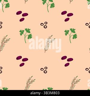 Mediterranean Herb and Olive Seamless Pattern. Elegant Hand Drawn Design with Rosemary, Parsley, and Olives on Soft Beige Background Stock Vector