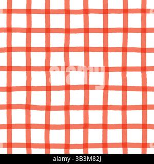 Retro Tablecloth Textured Checked Seamless Pattern in Red and White. Simple Red Grid Hand Drawn Background, Perfect for Wrapping Paper, Fabric Design Stock Vector