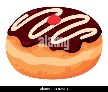 Sufganiyah – Jewish Traditional Hanukkah Holiday Fried Pastry. Chocolate Glazed Jelly Doughnut Stock Vector