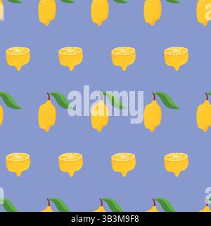 Juicy Lemon Seamless Pattern with Whole and Halved Fruits on Blue Background. Fresh Citrus Print for Fabrics, Wrapping Paper, Kitchen Decor Stock Vector