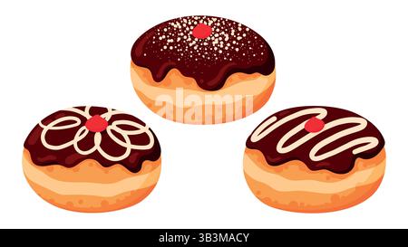 Sufganiyot. Set of Jewish Traditional Hanukkah Holiday Fried Pastry. Chocolate Glazed Jelly Doughnuts Stock Vector