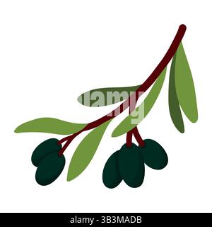 Olive Branch with Leaves and Ripe Black Olives Isolated on White Background. Short sprigs with leaves. Minimalist Nature Illustration Stock Vector