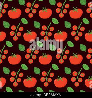 Tomato and basil seamless pattern with isolated vegetable and branch on dark background. Ripe red fresh organic tomatoes design for fabric, textile Stock Vector