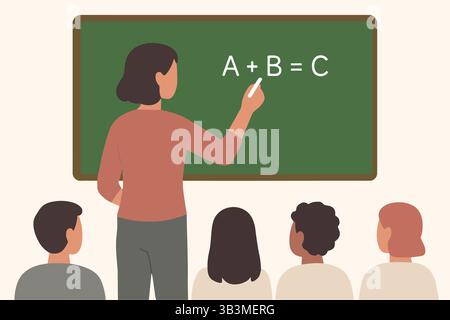 Teacher writing an equation on the chalkboard while students watch attentively. Stock Vector