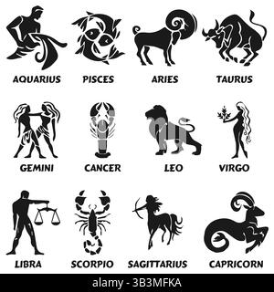 Zodiac signs horoscope icons set isolated astrological images in simple black and white style Stock Vector
