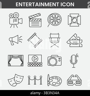 Minimalist Entertainment Icon Set with Film, Theater, and Media Symbols in Black and White Line Art Style Stock Vector