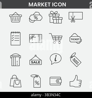 Minimalist Market Icon Set with Shopping Cart, Sale Tags, Wallet, and E-Commerce Symbols in Black and White Line Art Stock Vector