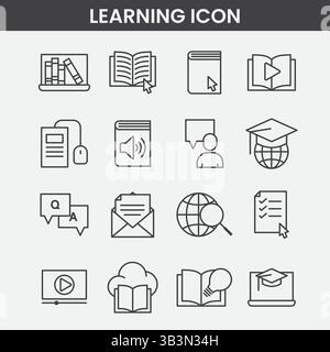 Minimalist Learning and Education Icon Set with E-Learning Symbols, Books, Digital Tools, and Online Course Graphics Stock Vector