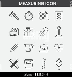 Minimalist Measuring Icon Set with Calipers, Stopwatch, Ruler, Scale, and Scientific Tools in Monochrome Line Art Stock Vector