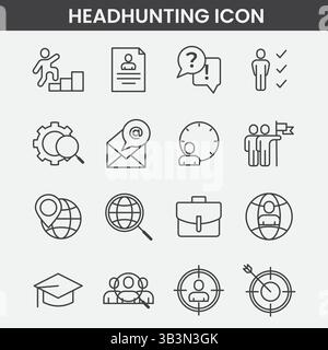 Headhunting and Recruitment Icon Set with Line Art Symbols for Hiring, HR, Talent Search, and Career Development Stock Vector