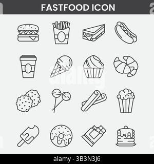 Fast Food Icon Set Featuring Burgers, Fries, Desserts, Snacks, and Beverages in Minimal Line Art Style Stock Vector