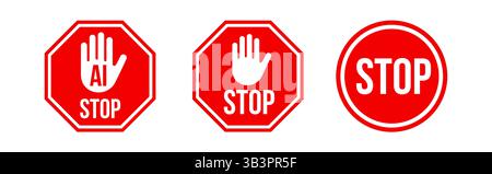 Set Of Red Stop Signs With Hand Symbol And AI Text, Concept For Artificial Intelligence Warning, Digital Control Or Technology Restriction On White Stock Vector
