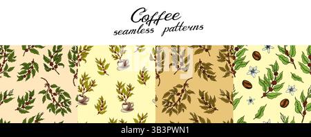 Seamless patterns with Coffee plants or branches in vintage style. Tree from a cup. Hand drawn engraved retro sketch for labels. Stock Vector